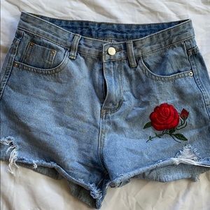 Distressed Rose High-rise Denim Shorts